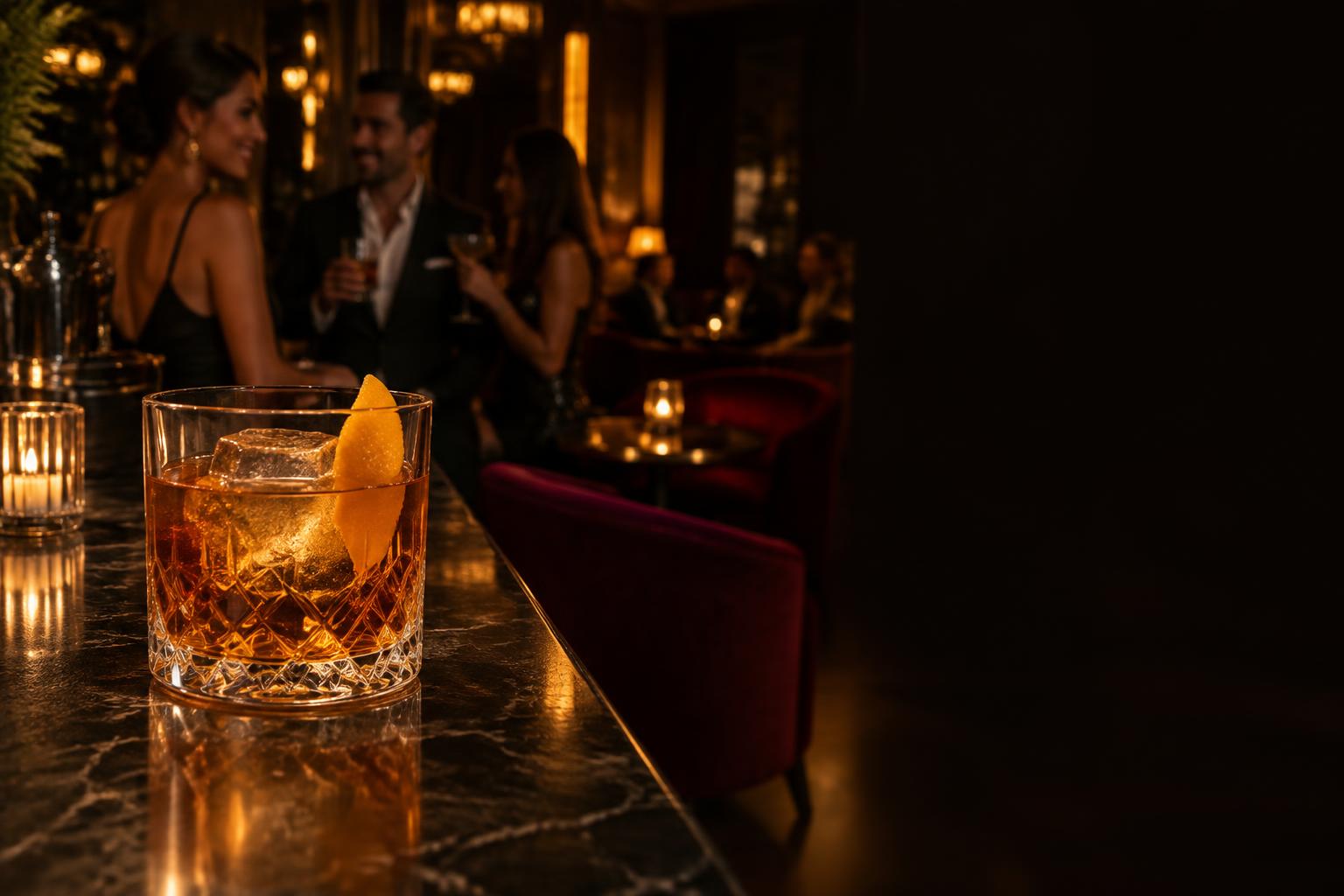 Drink em primeiro plano diante de uma noite elegante na New Fantasy